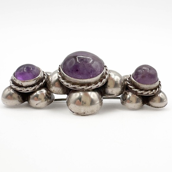 Early Vintage Mexican Sterling Silver Triple Amethyst Brooch Marked MR Mexico - Picture 9 of 12